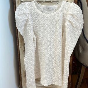 LOFT White Puff Sleeve Textured Knit Blouse